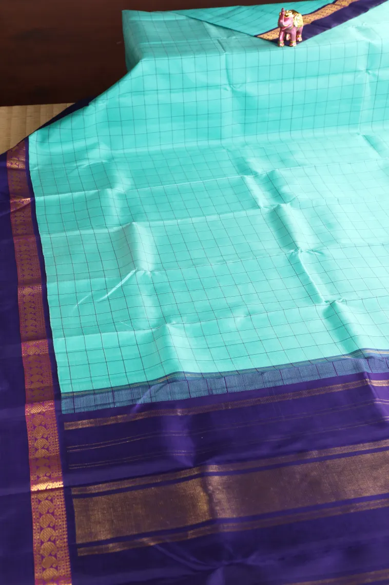 Arctic Blue Kanchipuram Silk Sarees with Gold Zari Checks view 2