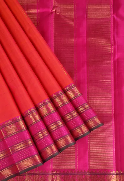 Strawberry Pink Kanchipuram Silk Sarees with Gold Zari Vaira Oosi