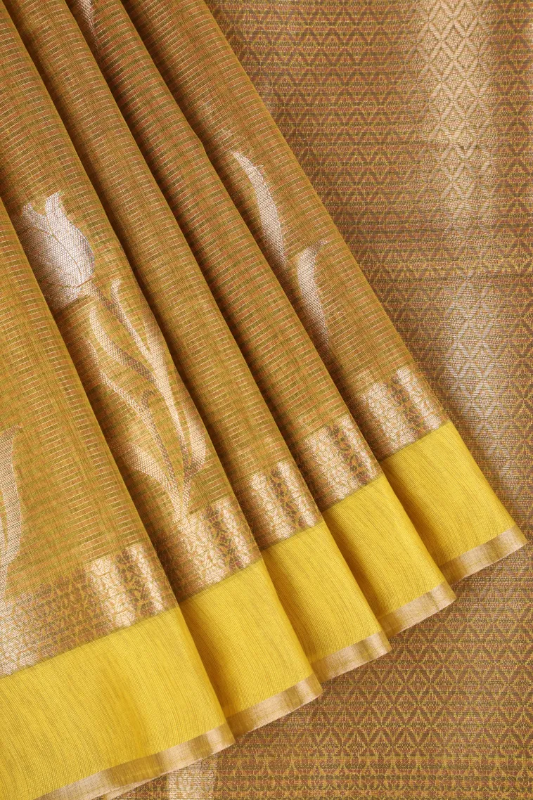 Gold Organza Saree with Gold And Silver Zari Straipes And Puttas