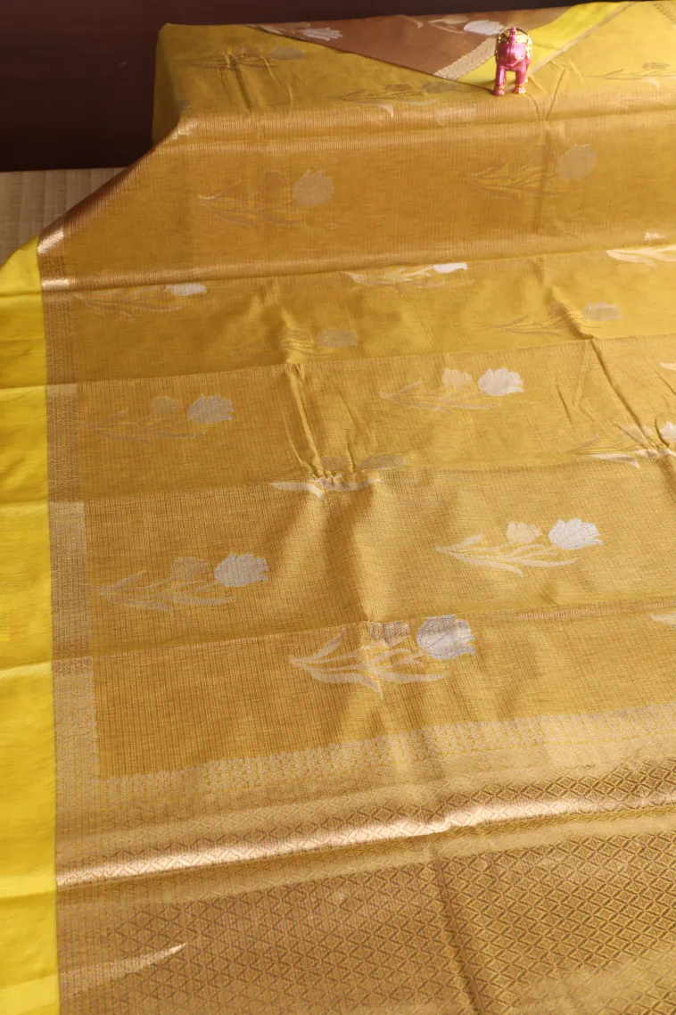 Gold Organza Saree with Gold And Silver Zari Straipes And Puttas view 2