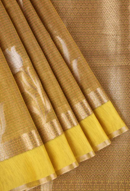 Gold Organza Saree with Gold And Silver Zari Straipes And Puttas