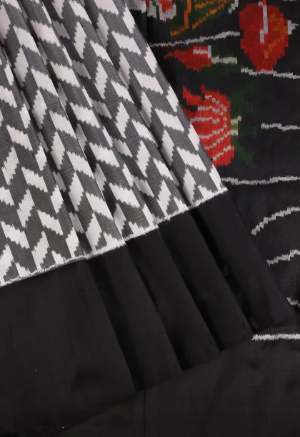 Gray Black Ikkat Silk Without Zari With Geometric Shapes