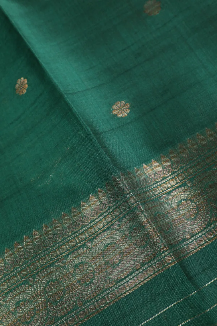 Peacock Green Tussar Saree with Copper And Silver Zari Stripes And Puttas view 3