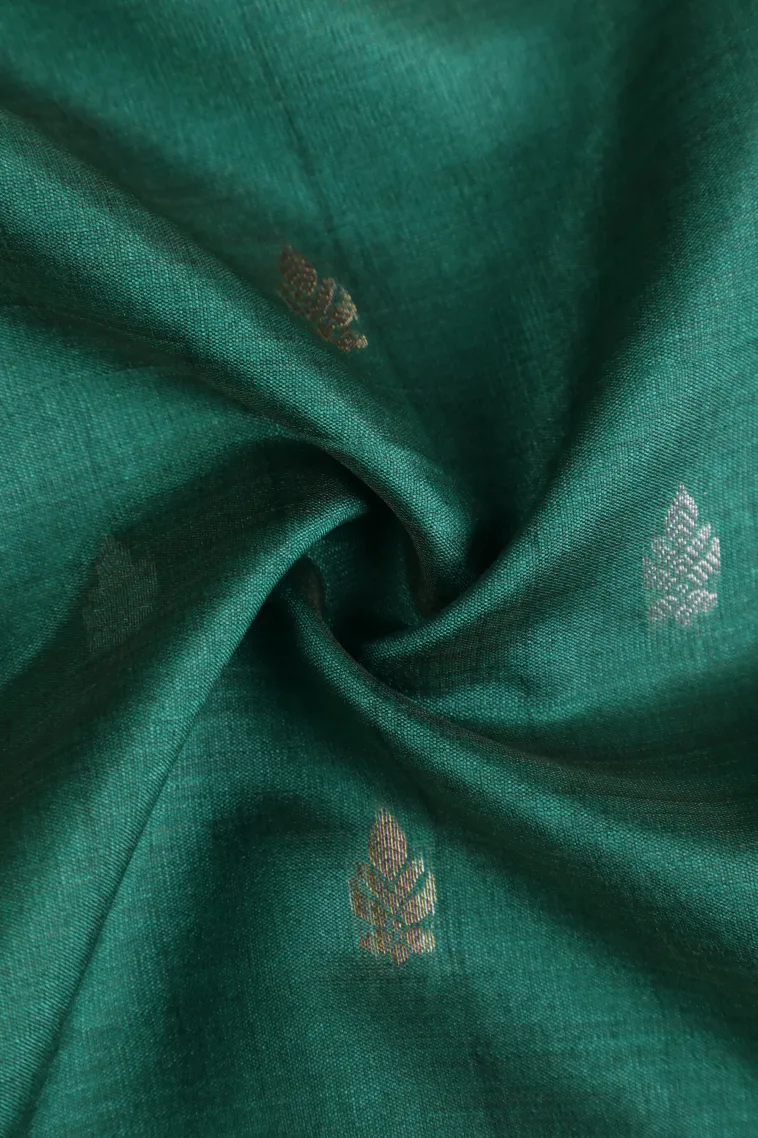 Peacock Green Tussar Saree with Copper And Silver Zari Stripes And Puttas view 4