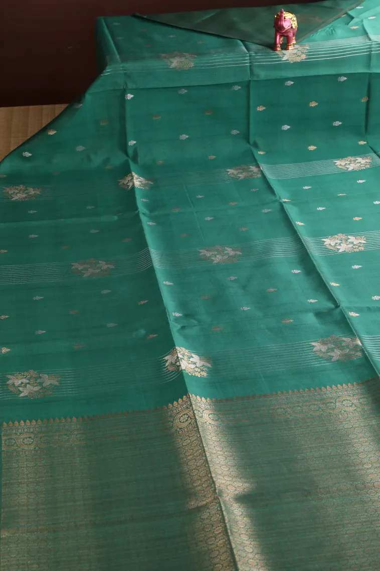 Peacock Green Tussar Saree with Copper And Silver Zari Stripes And Puttas view 2