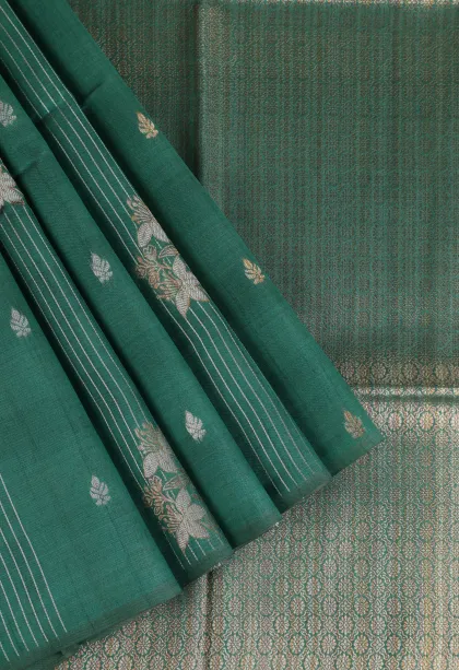 Peacock Green Tussar Saree with Copper And Silver Zari Stripes And Puttas