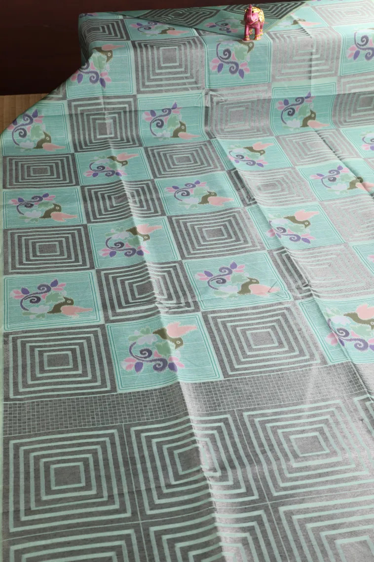 Sapphire Blue Tussar Saree with Silver Zari Geometric Shapes view 2