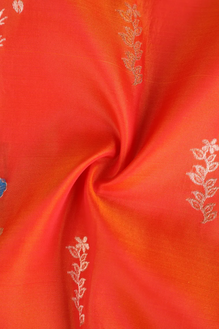 Carrot Orange Soft Silk Saree with Gold Zari Flower Mottif view 4