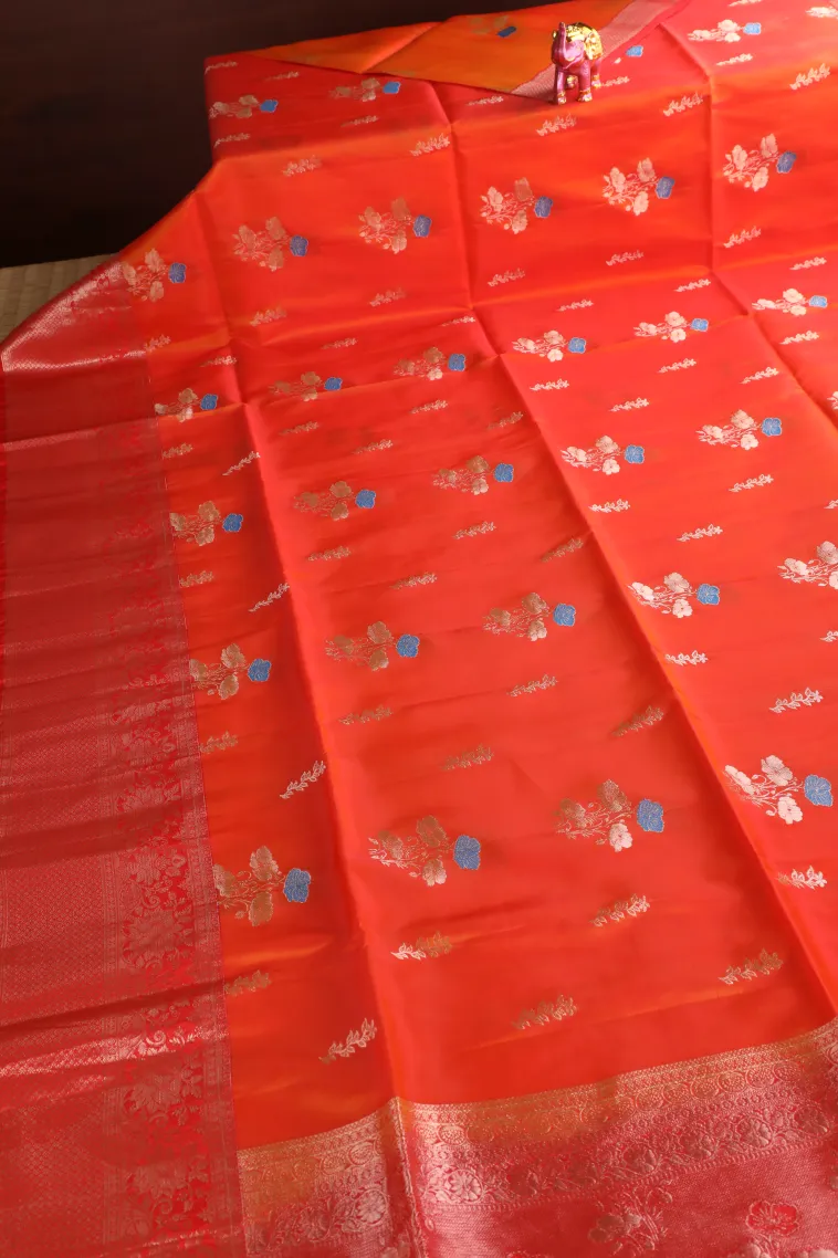 Carrot Orange Soft Silk Saree with Gold Zari Flower Mottif view 2