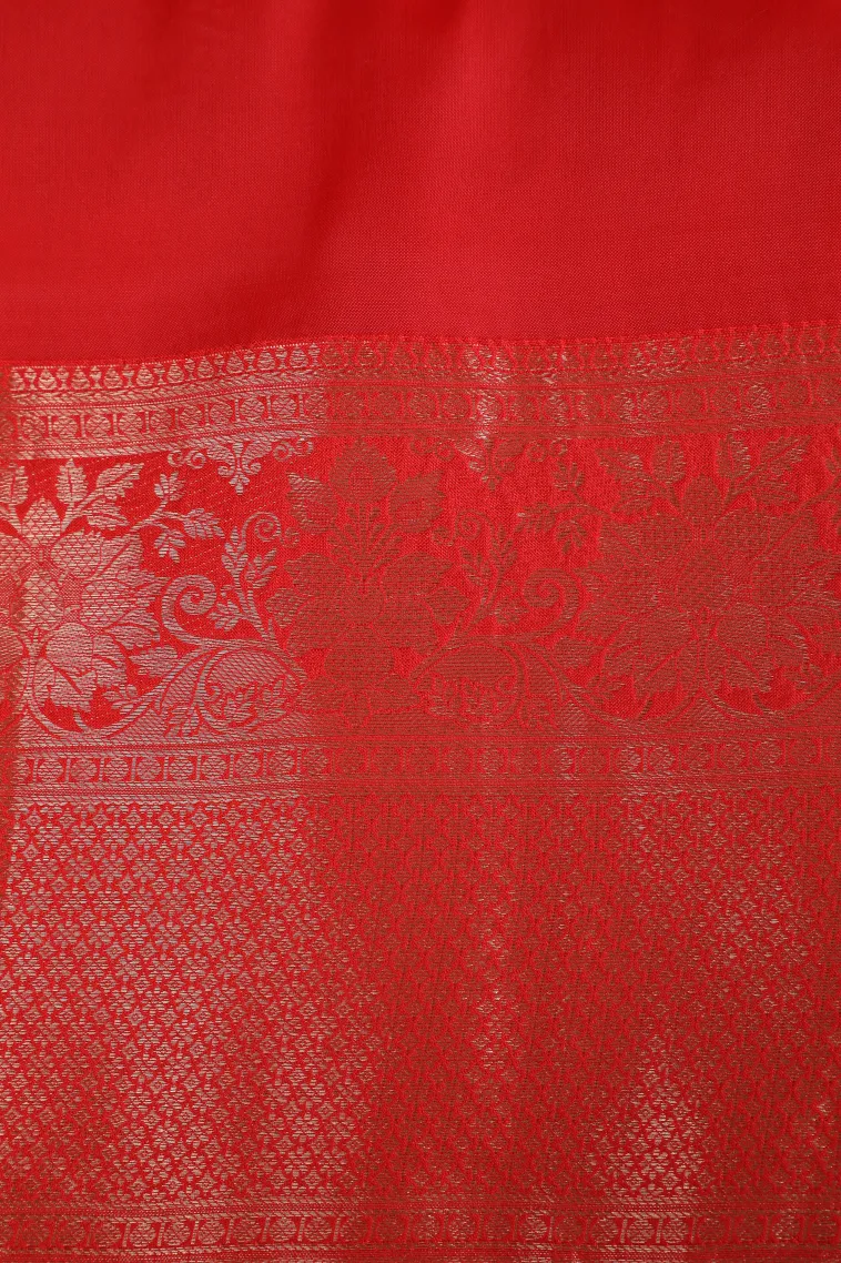 Carrot Orange Soft Silk Saree with Gold Zari Flower Mottif view 3