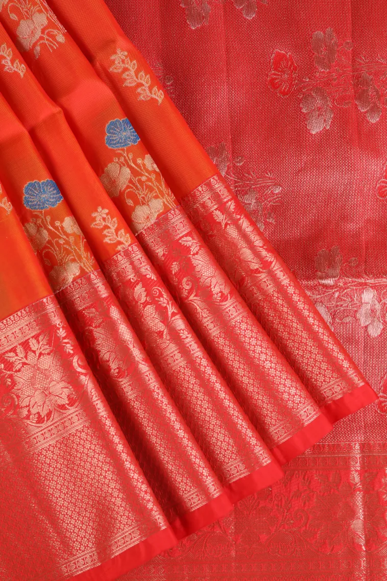 Carrot Orange Soft Silk Saree with Gold Zari Flower Mottif