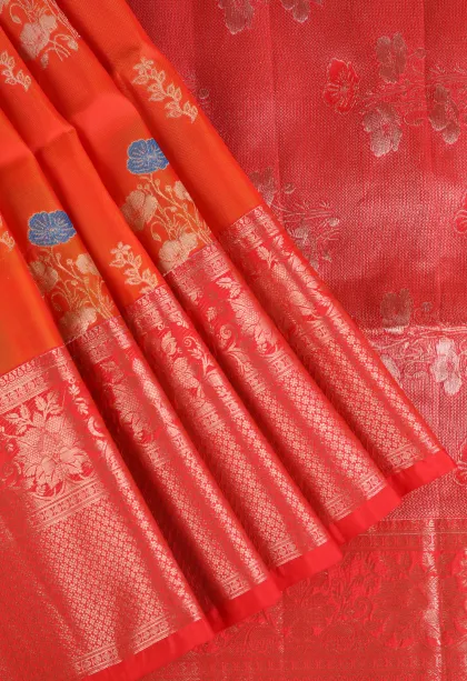 Carrot Orange Soft Silk Saree with Gold Zari Flower Mottif