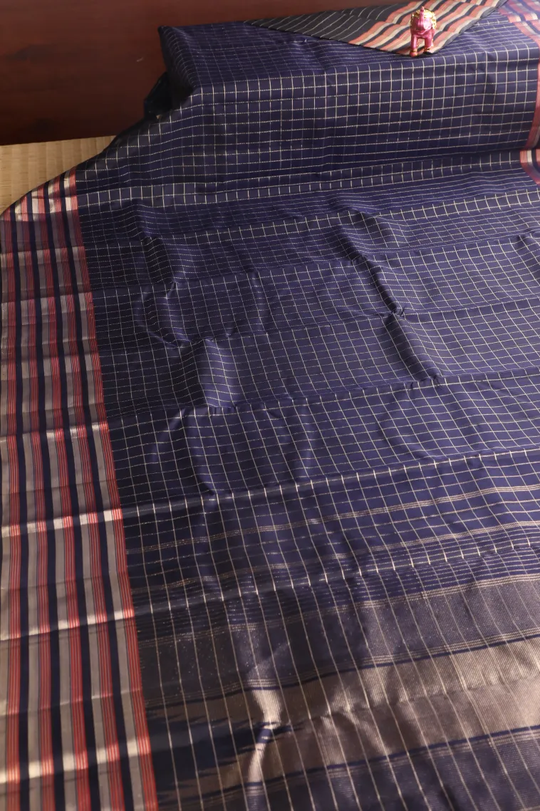 Indigo Blue Kanchipuram Silk Sarees with Gold Zari Checks view 2