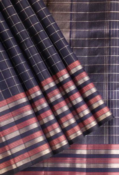 Indigo Blue Kanchipuram Silk Sarees with Gold Zari Checks
