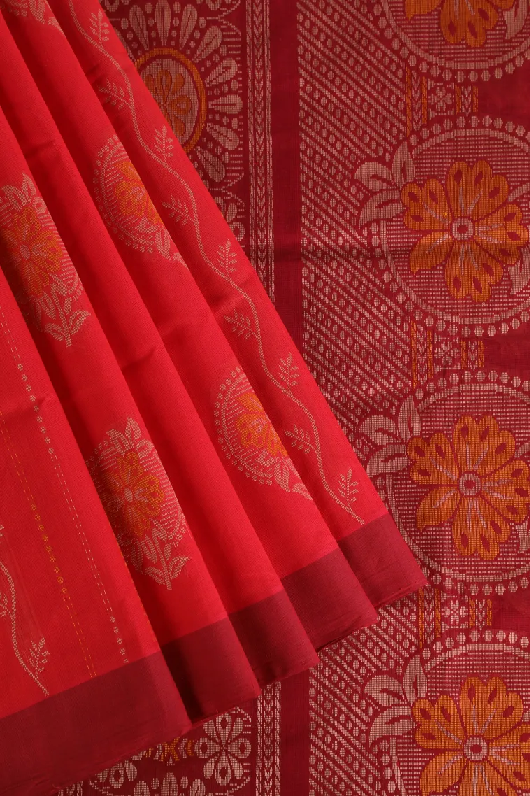 Strawberry Pink Pure Handloom Kovai Cotton Without Zari With Stripes And Puttas