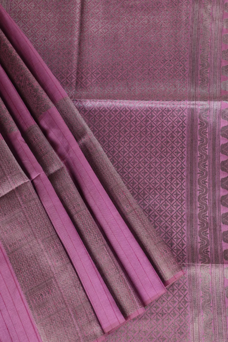 Lean Pink Tussar Saree with Silver Zari Leaf Pattern