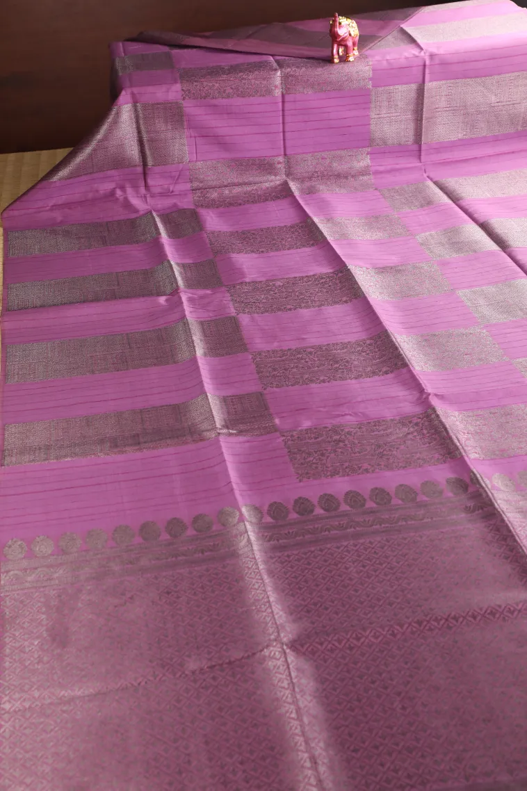Lean Pink Tussar Saree with Silver Zari Leaf Pattern view 2