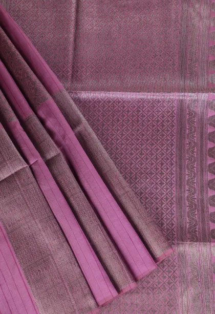 Lean Pink Tussar Saree with Silver Zari Leaf Pattern