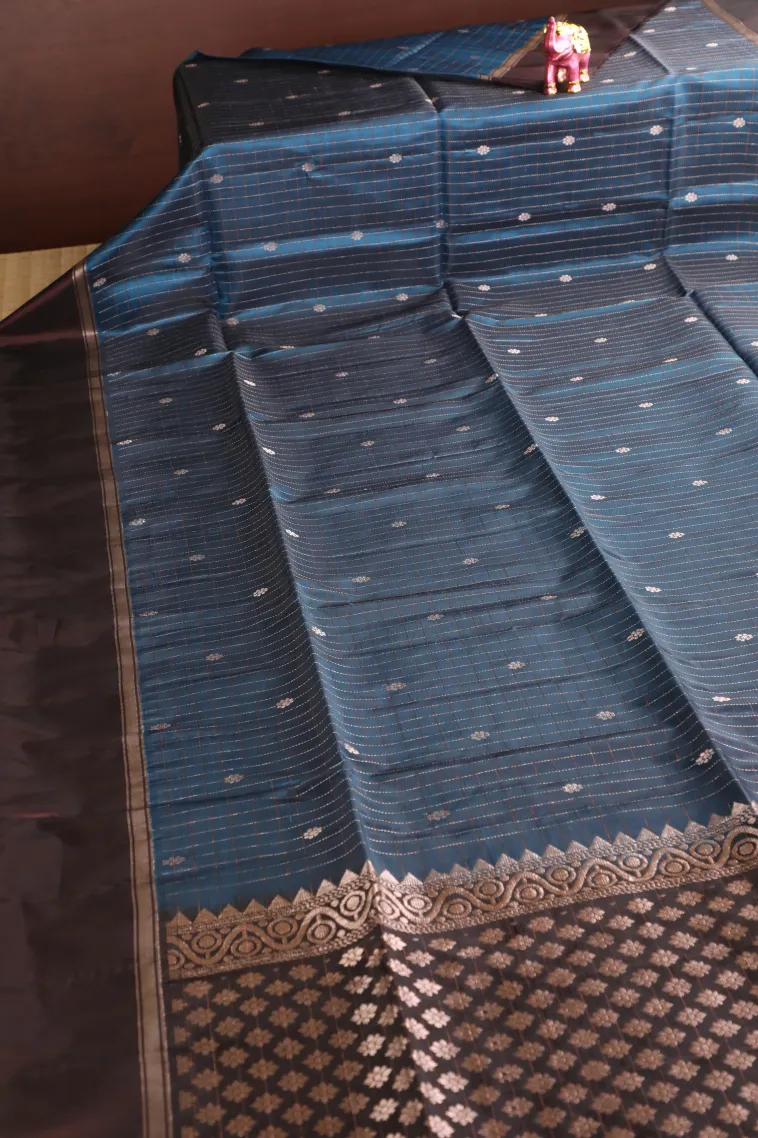 Aegean Blue Soft Silk Saree with Gold Zari Checks And Puttas view 2