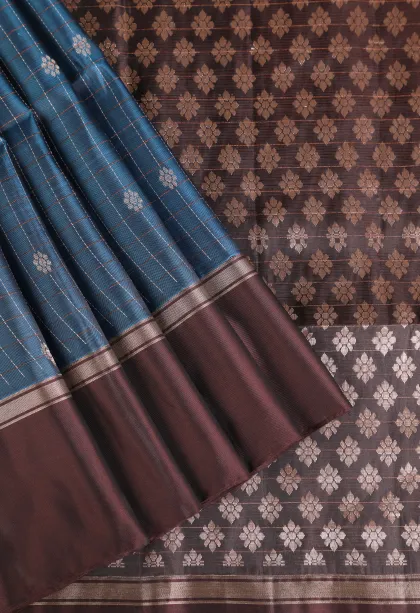 Aegean Blue Soft Silk Saree with Gold Zari Checks And Puttas