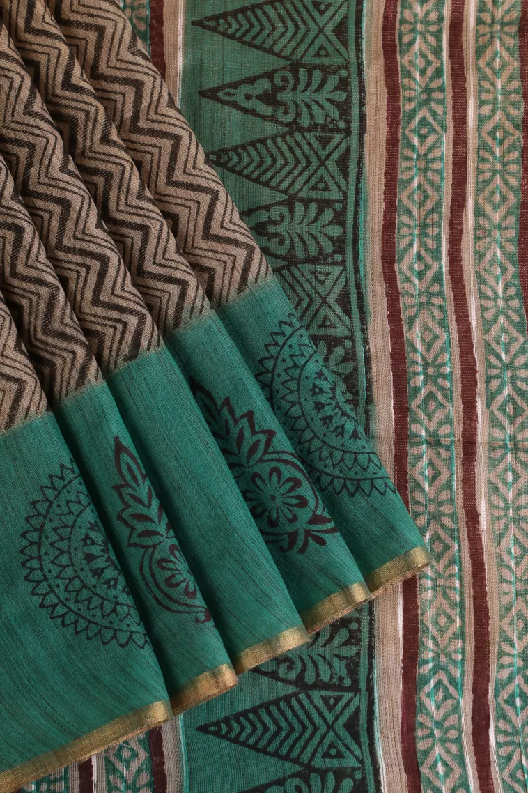 Tortilla Brown Tissue Silk Sarees with Gold Zari Zig Zag Pattern