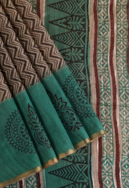 Tortilla Brown Tissue Silk Sarees with Gold Zari Zig Zag Pattern