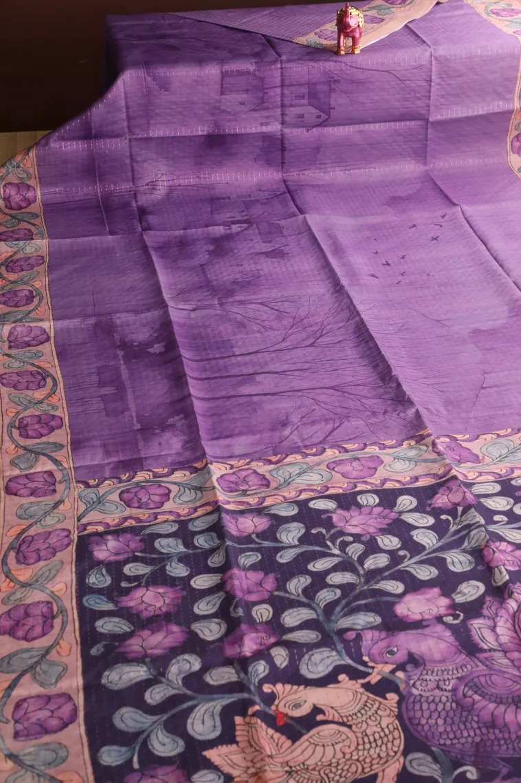 Orchid Purple Semi Tussar Silk with Gold Zari Birds And Floral Pattern view 2
