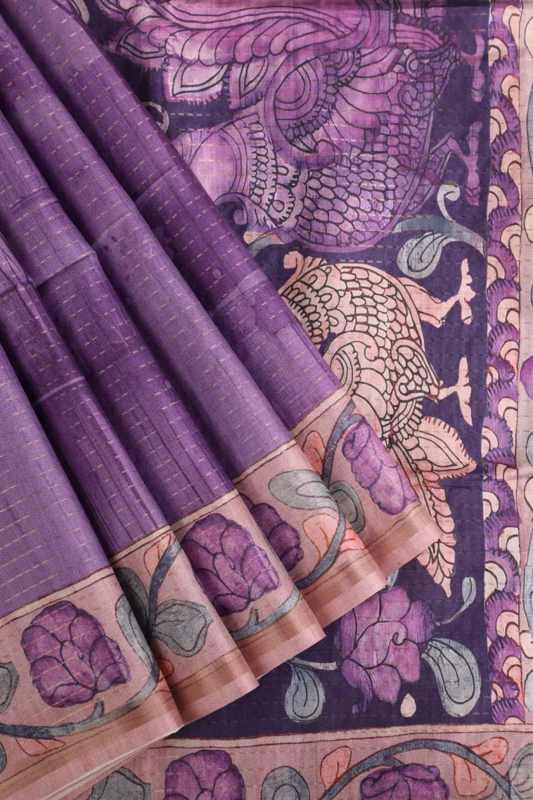 Orchid Purple Semi Tussar Silk with Gold Zari Birds And Floral Pattern