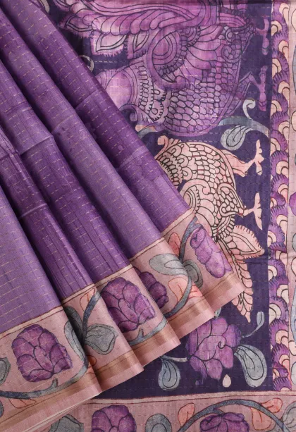 Orchid Purple Semi Tussar Silk with Gold Zari Birds And Floral Pattern