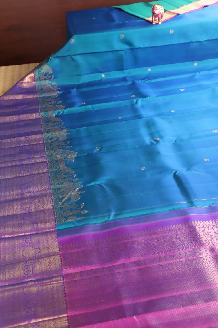 Cerulean Blue Kanchipuram Silk Sarees with Gold Zari Temple Pattern view 2