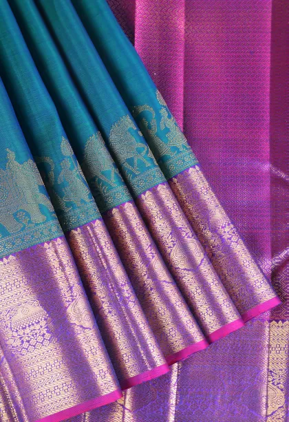 Cerulean Blue Kanchipuram Silk Sarees with Gold Zari Temple Pattern