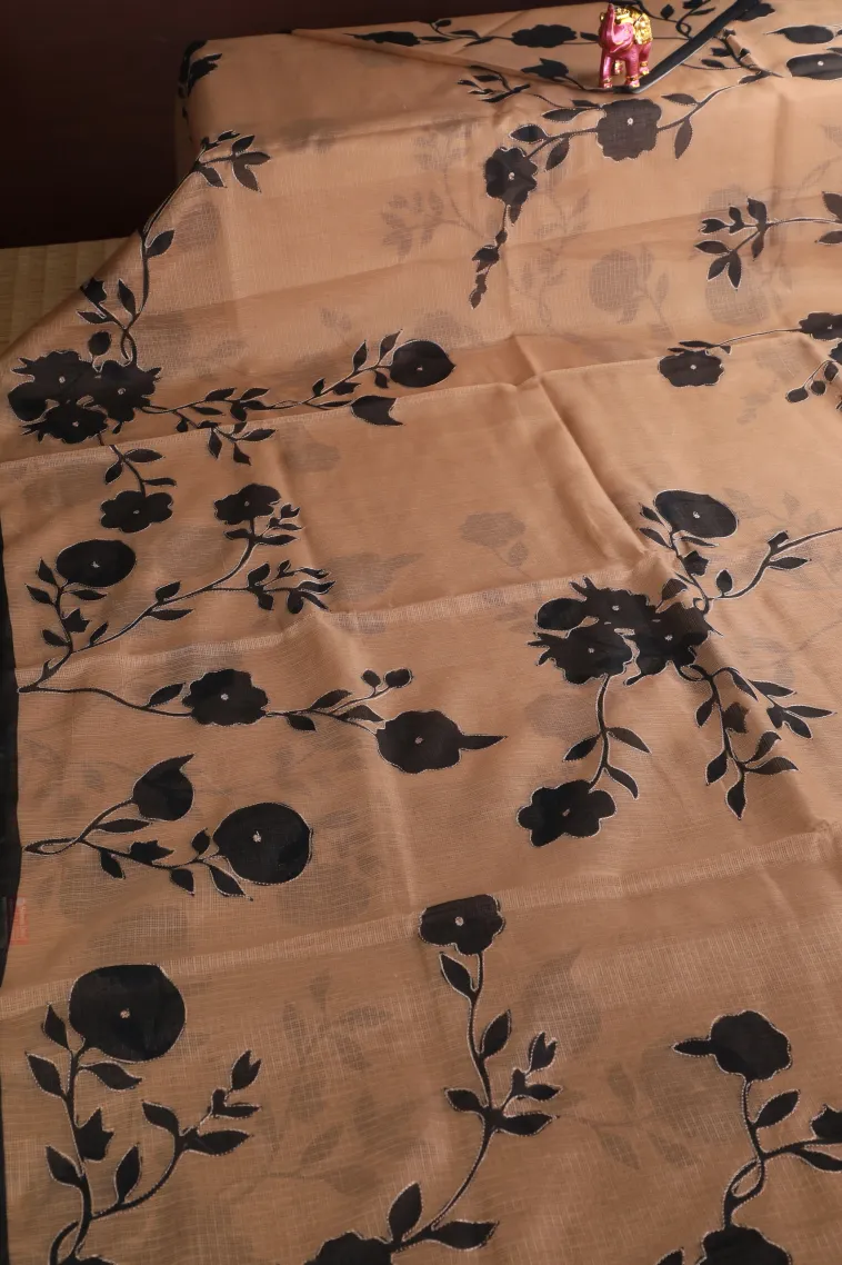 Peach Pink Manipuri Cotton Sarees with Gold Zari Floral Patterns view 2