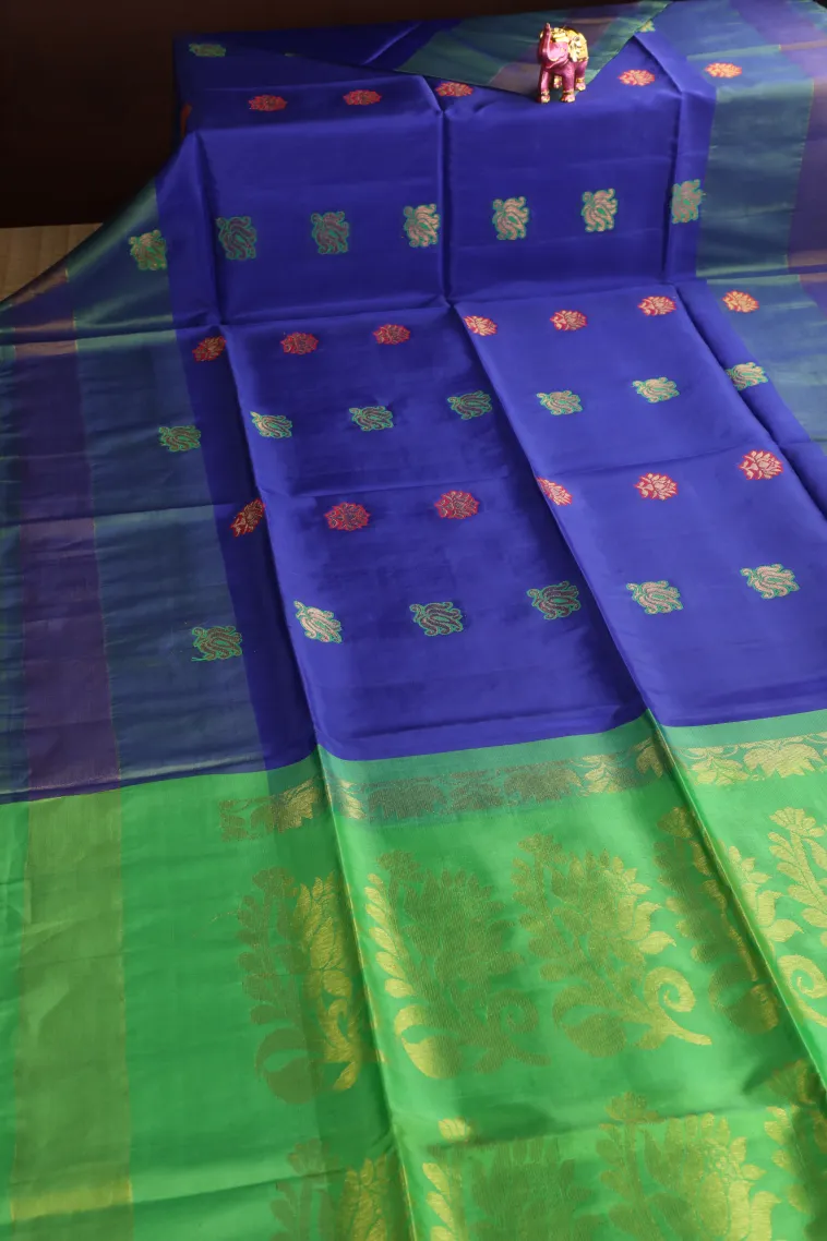 Admiral Blue Soft Silk Saree with Gold Zari Flower Mottif view 2
