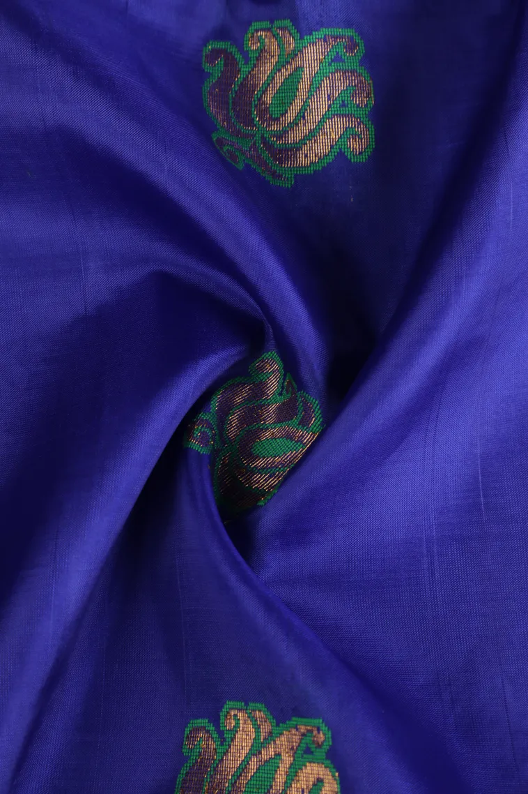 Admiral Blue Soft Silk Saree with Gold Zari Flower Mottif view 4