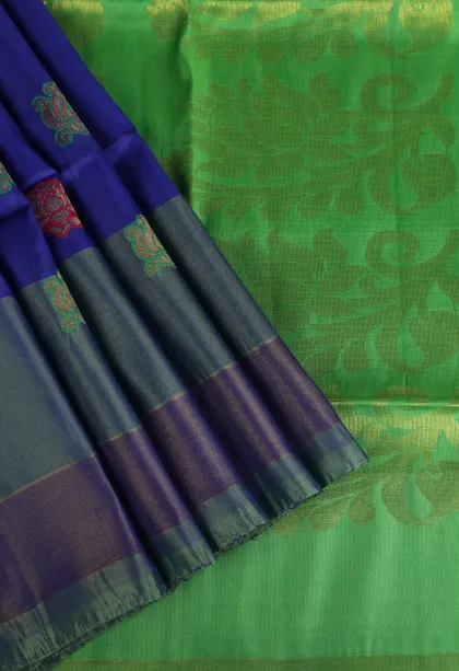 Admiral Blue Soft Silk Saree with Gold Zari Flower Mottif