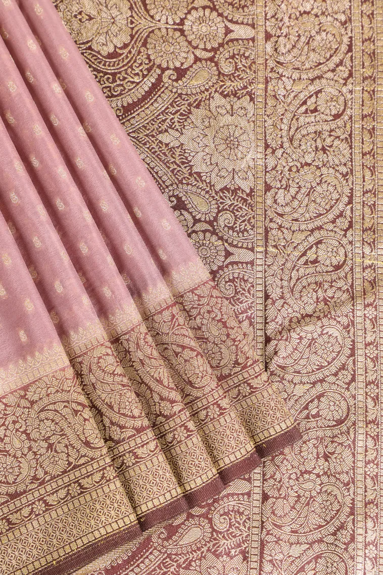 Crepe Pink Tissue Banaras with Gold Zari Buttis (small Dots Or Motifs)