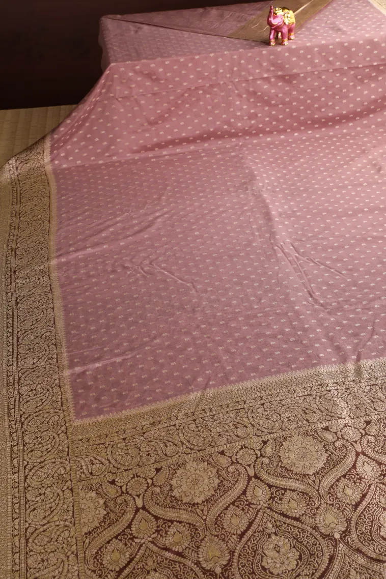 Crepe Pink Tissue Banaras with Gold Zari Buttis (small Dots Or Motifs) view 2