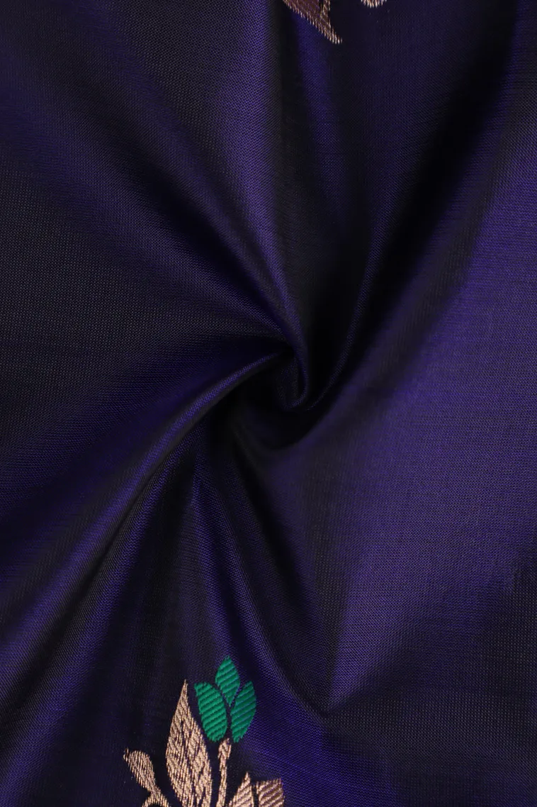 Berry Blue Soft Silk Saree with Gold Zari Leaf Pattern view 4