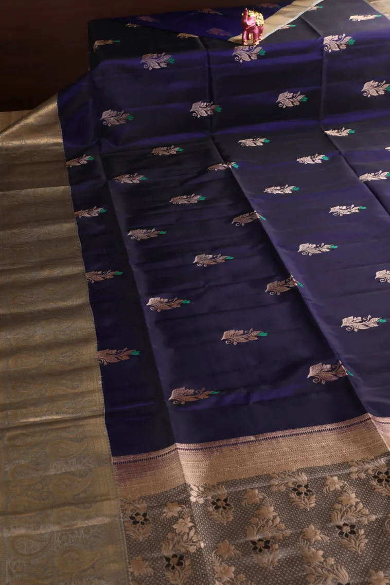 Berry Blue Soft Silk Saree with Gold Zari Leaf Pattern view 2