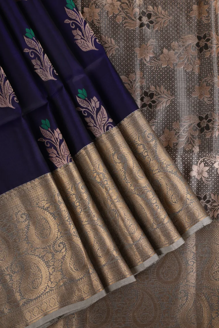 Berry Blue Soft Silk Saree with Gold Zari Leaf Pattern