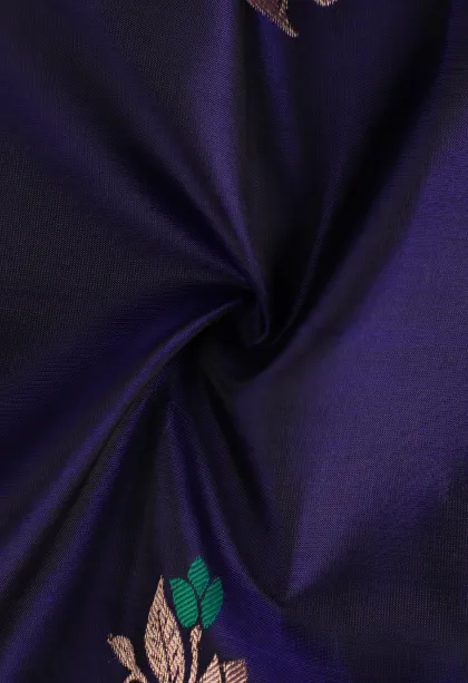 Berry Blue Soft Silk Saree with Gold Zari Leaf Pattern