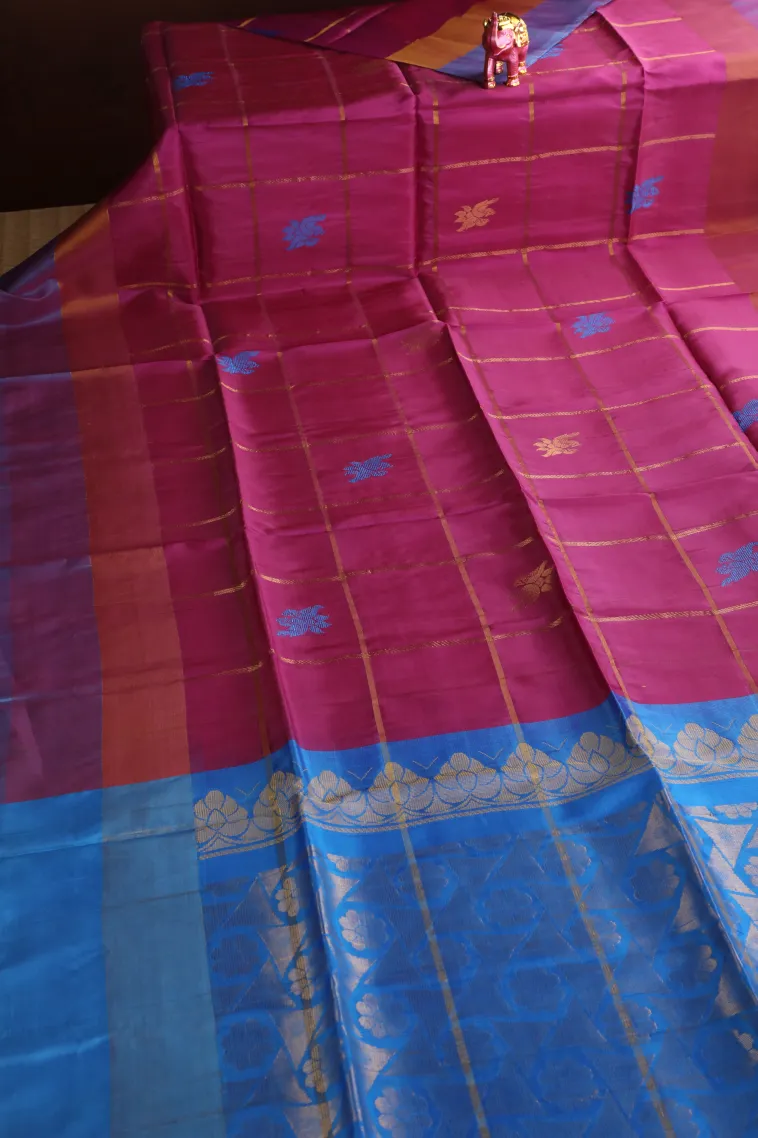 Magenta Purple Soft Silk Saree with Gold Zari Checks And Puttas view 2