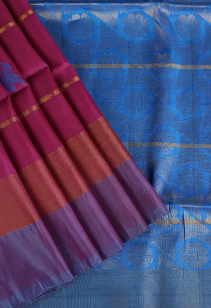 Magenta Purple Soft Silk Saree with Gold Zari Checks And Puttas