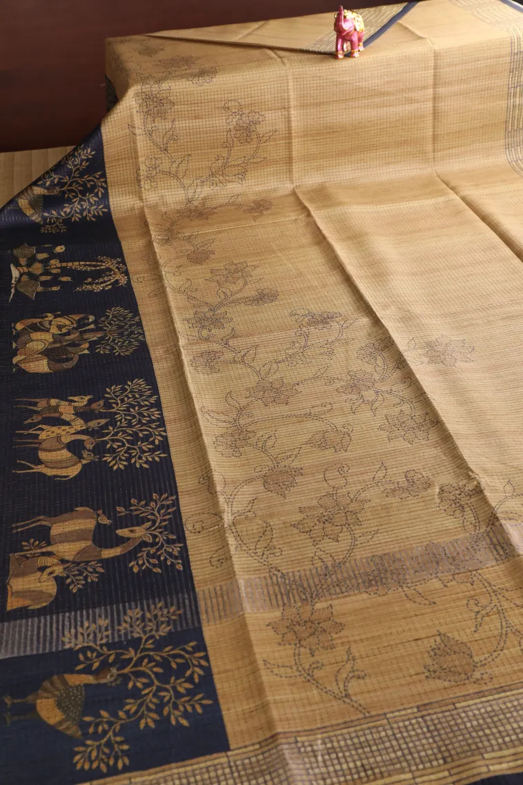 Beige Yellow Tussar Saree with Thread Zari Floral Patterns view 2