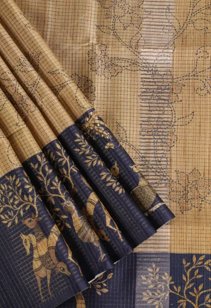 Beige Yellow Tussar Saree with Thread Zari Floral Patterns