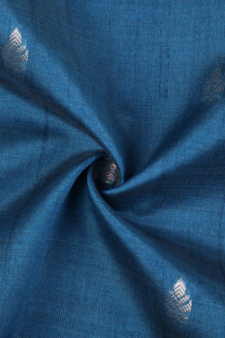 Cerulean Blue Tussar Saree with Copper And Silver Zari Stripes And Puttas view 4