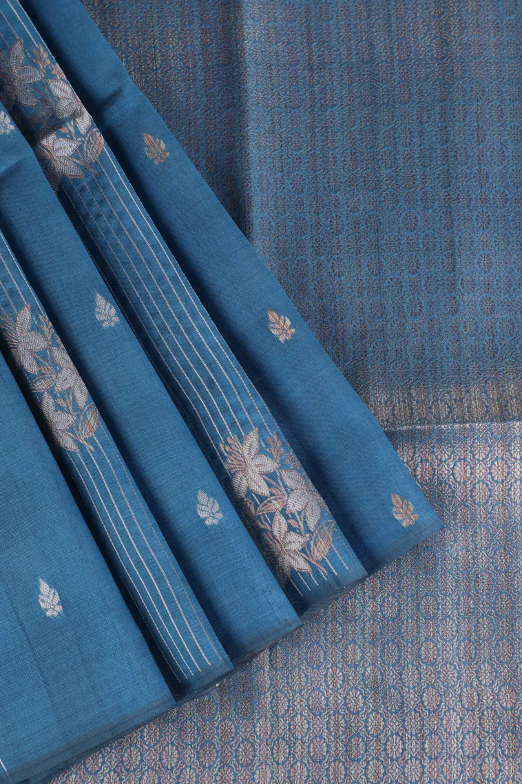 Cerulean Blue Tussar Saree with Copper And Silver Zari Stripes And Puttas