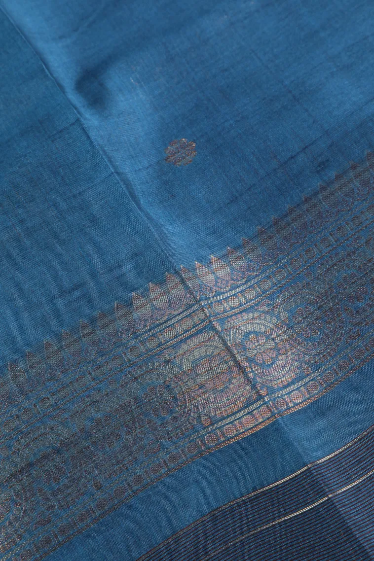Cerulean Blue Tussar Saree with Copper And Silver Zari Stripes And Puttas view 3
