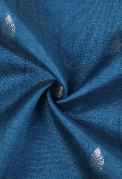 Cerulean Blue Tussar Saree with Copper And Silver Zari Stripes And Puttas