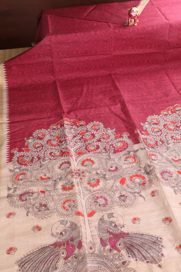 Magenta Pink Semi Tussar Silk Without Zari With Rangoli Pattren view 2